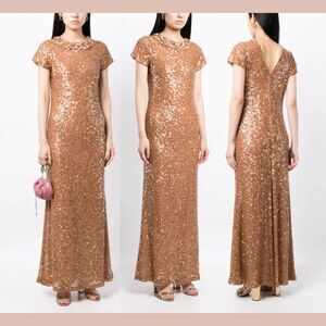 NWT $1095 SACHIN & BABI [ 6 ] Shiloh Short Sleeve Sequin Gown Honey Bronze Q1138